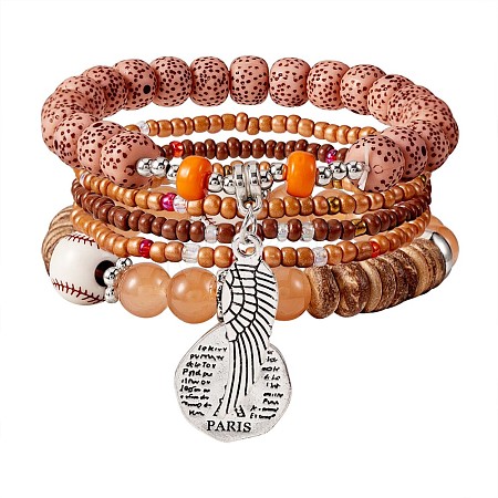 5Pcs 5 Style Wood & Glass Seed & Acrylic Beaded Stretch Bracelets Set with Baseball JB709C-1