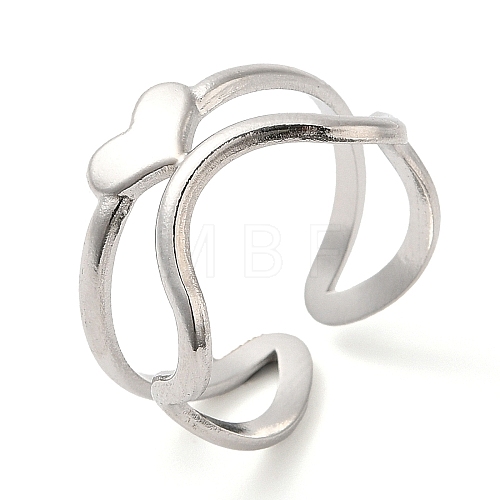 304 Stainless Steel Heart Open Cuff Ring for Women RJEW-I098-22P-1