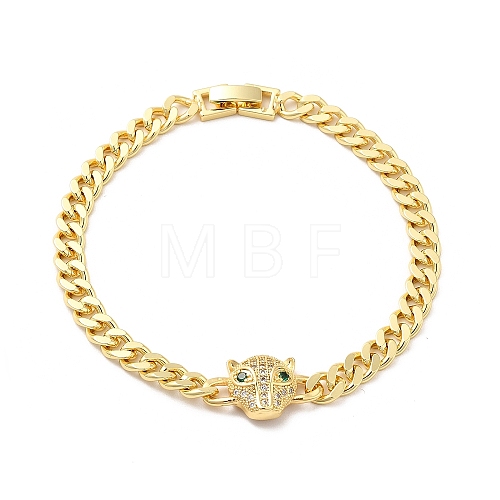 Green Cubic Zirconia Leopard Link Bracelet with Brass Curb Chains for Men Women KK-H434-11G-1