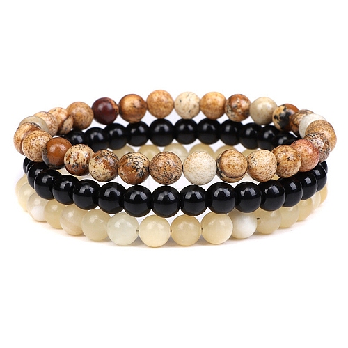 3Pcs 3 Style Natural Picture Jasper & Black Agate & Citrine Round Beaded Stretch Bracelets Set PW23030759584-1