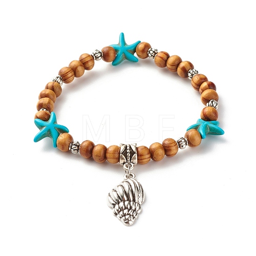 Starfish Synthetic Turquoise Beads & Round Natural Wood Beads Stretch Bracelet BJEW-JB07270-1