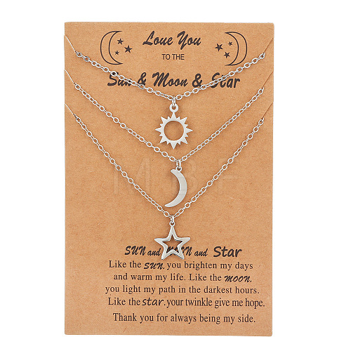 3Pcs 3 Styles Stainless Steel Sun/Moon/Star Pendant Cable Chain Couple Necklaces for Women Men PW-WG7A197-03-1