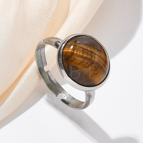 Half Round Natural Tiger Eye Finger Rings RJEW-M062-01P-08-1