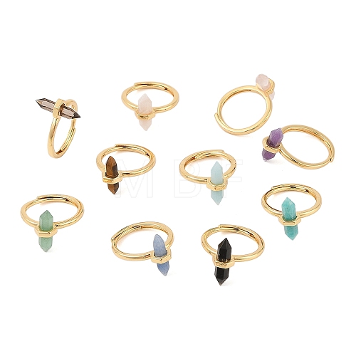 Double Pointed Hexagonal Prism Natural Mixed Stone Adjustable Rings for Women RJEW-G327-01G-1