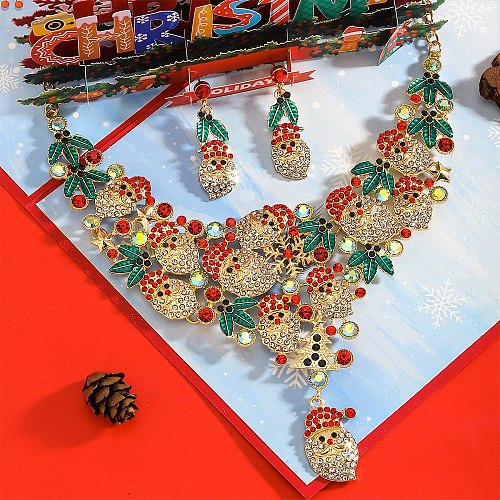 Christmas Santa Claus & Leaf Alloy Rhinestone Pendant Necklace & Stud Dangle Earrings Sets WGF6AE0-01-1