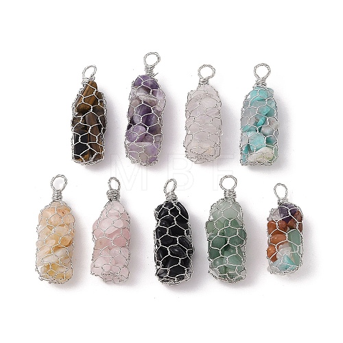 Rack Plating Copper Wire Wrapped Natural Mixed Stone Chip Big Pendants G-C130-01P-1