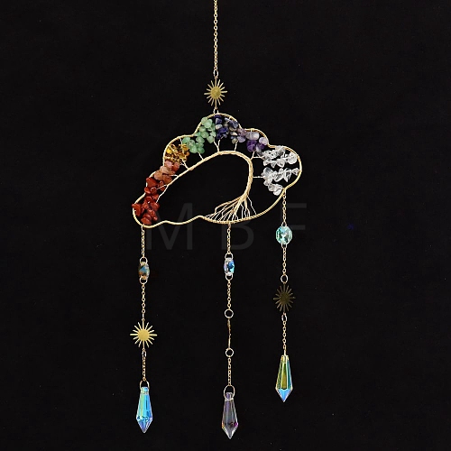 Natural Mixed Stone Copper Wire Wrapped Cloud with Tree of Life Hanging Ornaments PW-WG12109-02-1
