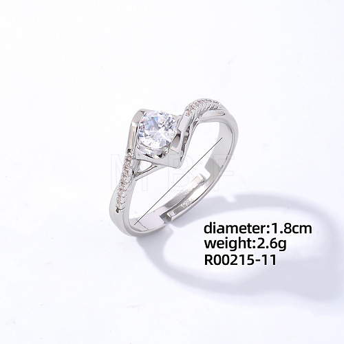 Rhombus Platinum Brass Adjustable Ring with Cubic Zirconia EG7863-8-1