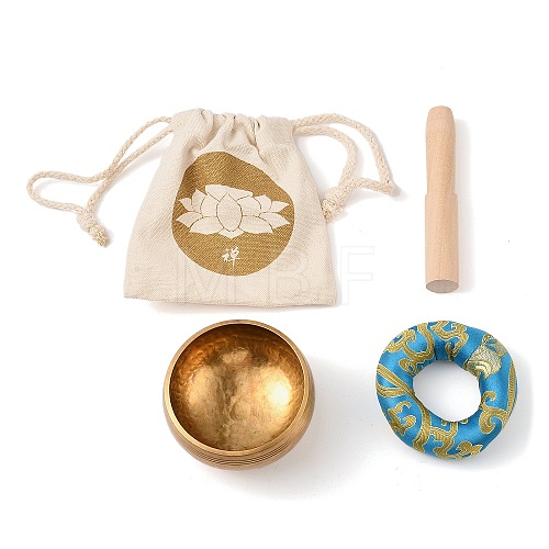 Tibetan Brass Singing Bowl & Wood Striker & Random Color Cloth Mat Set RELI-PW0004-01D-1