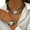 Bohemian Style Oval Alloy & Imitation Leather Wax Cord Double Layer Necklaces & Bracelets Sets for Women FS-WG56800-01-4