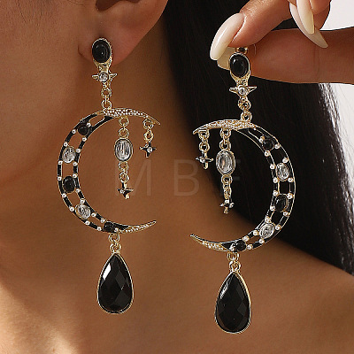 Moon with Teardrop Alloy Rhinestone Dangle Stud Earrings FS-WG3EB84-01-1