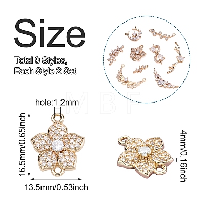 Sparkeads 18Pcs 9 Style Brass Micro Pave Clear Cubic Zirconia Links Connectors KK-SK0001-01-1