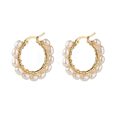 Natural Pearl Beads Brass Hoop Earrings EJEW-JE04565-1