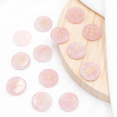 13Pcs Flat Round Carved Natural Rose Quartz Rune Stones PW-WG5B00E-04-1