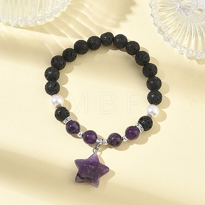 Natural Amethyst & Lava Rock & Shell Pearl Charm Bracelets BJEW-JB13705-01-1