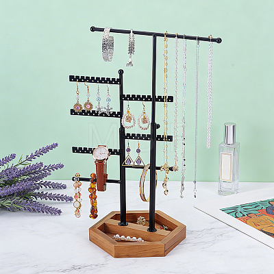 8-Tier T Bar Iron Earring Organizer Display Stands with Hexagon Wood Trays EDIS-WH0022-46-1