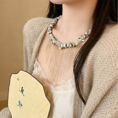 Natural Shell Chip Beaded Alloy Chain Tassel Bib Necklaces for Women WG291D5-01-1