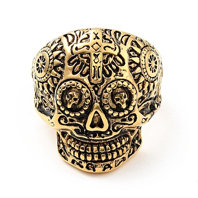 316 Stainless Steel Skull with Cross Finger Ring RJEW-C030-02F-AG-1