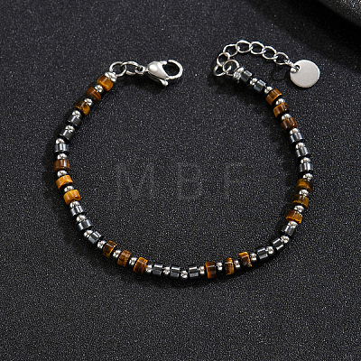 Natural Tiger Eye Heishi Beaded Bracelets with 201 Stainless Steel End Chains OQ4301-1-1