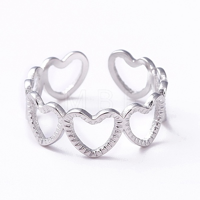 304 Stainless Steel Hollow Out Heart Wrap Open Cuff Ring for Women RJEW-C046-10P-1