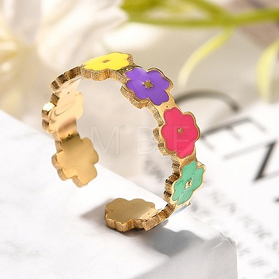 201 Stainless Steel Enamel Open Cuff Ring for Women RJEW-A053-03G-01-1