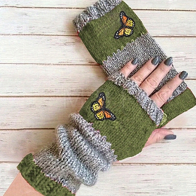 Acrylic Fibers Butterfly Pattern Knitting Fingerless Gloves PW-WGC22F5-02-1