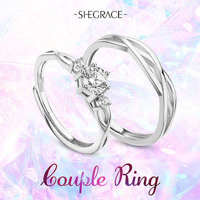 SHEGRACE Adjustable Rhodium Plated 925 Sterling Silver Couple Rings JR745A-1