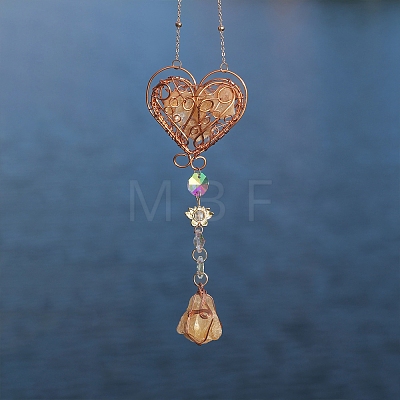 Wire Wrapped Natural Citrine Chip & Metal Heart Hanging Ornaments PW-WG4135E-01-1