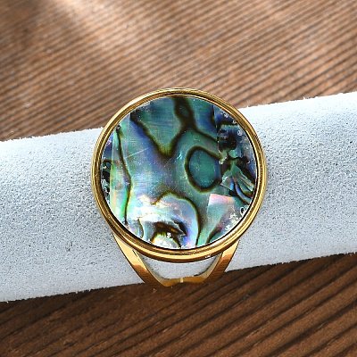 Flat Round 304 Stainless Steel Paua Shell Cuff Rings for Women RJEW-G346-02G-01-1