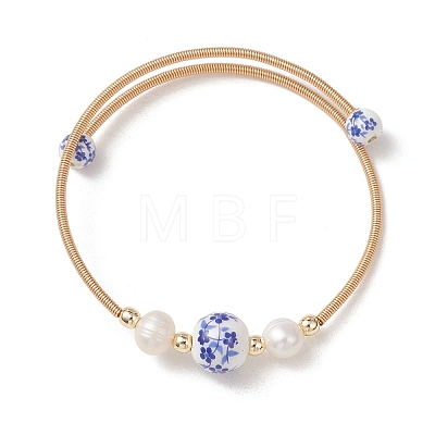 Handmade Porcelain & Natural Cultured Freshwater Pearl & Non-magnetic Synthetic Hematite Beaded Cuff Bangles for Women BJEW-JB14019-1