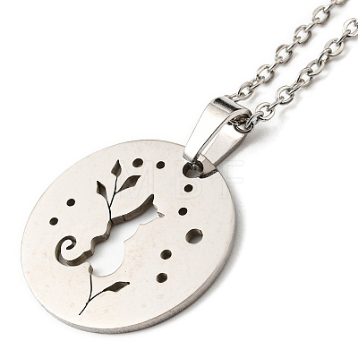 201 Stainless Steel Cat with Leaf Pendant Necklace with Cable Chains NJEW-Q317-17P-1