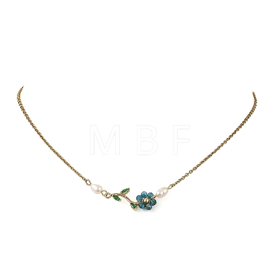 Natural Stone Beaded Flower Brass Pave Green Cubic Zirconia Branch Pendant 304 Stainless Steel Cable Chain Necklaces for Women NJEW-JN06415-1