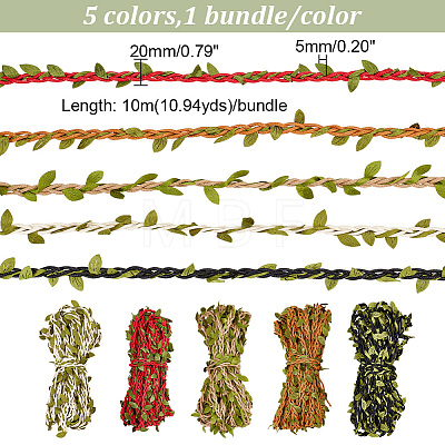 AHADERMAKER 5 Bundles 5 Colors Wax Cotton Knitted Cord with Leaf Trimming OCOR-GA0001-65-1