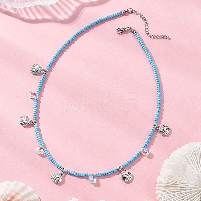 Boho 304 Stainless Steel Shell Shaped Pendant Glass Seed Beaded Necklaces NJEW-MZ00147-01-1