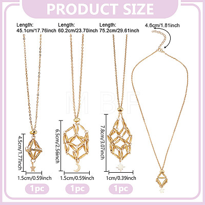 3Pcs 3 Styles Star Moon Stainless Steel Braided Chain Macrame Pouch Empty Stone Holder Pendant Necklace Making NJEW-UN00014-1
