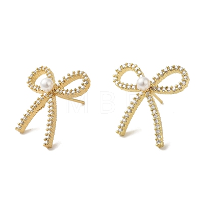 Rack Plating Brass Micro Pave Clear Cubic Zirconia Bowknot Stud Earrings for Women EJEW-P280-27G-1