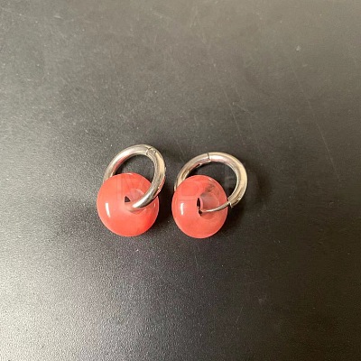 304 Stainless Steel & Synthetic Cherry Quartz Glass Rondelle Bead Hoop Earrings FS-WGF6A0C-02-1