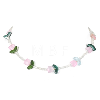 Shell Pearl & Glass Tulip Beaded Necklace with 304 Stainless Steel Clasps for Women NJEW-TA00092-1