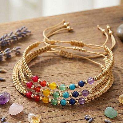 3Pcs Adjustable Chakra Natural & Synthetic Mixed Stone Round Bead Braided Bracelet Sets ZZ4943-3-1