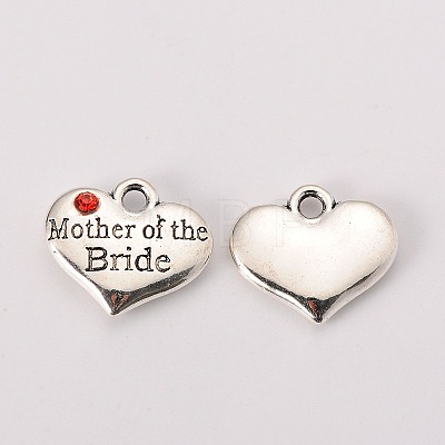 Wedding Theme Antique Silver Tone Tibetan Style Alloy Heart with Mother of the Bride Rhinestone Charms X-TIBEP-N005-18C-1