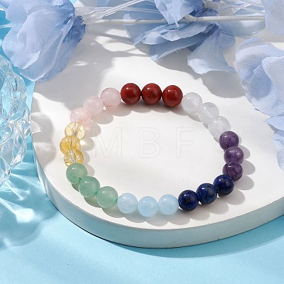 Chakra 8mm Round Natural Quartz Crystal & Amethyst & Lapis Lazuli & Quartz & Green Aventurine & Rose Quartz & Red Jasper BJEW-JB10624-03-1