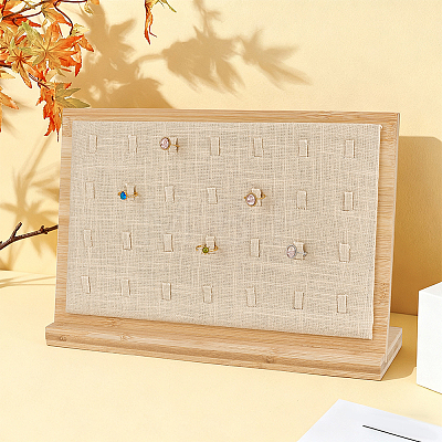 28-Slot Wooden Slant Back Jewelry Ring Organizer Display Stands with Linen Cloth Mat ODIS-WH0043-266-1