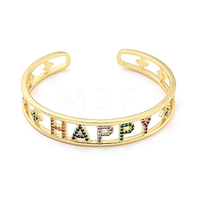 Word Happy Brass Micro Pave Colorful Cubic Zirconia Open Cuff Bangles for Women BJEW-Z062-21G-1