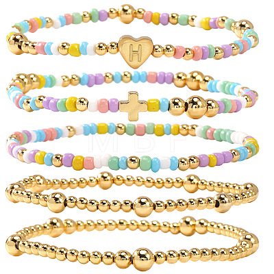 Summer Stainless Steel Heart Alphabet Colorful Glass Seed Beaded Stretch Bracelet Sets JV8929-8-1