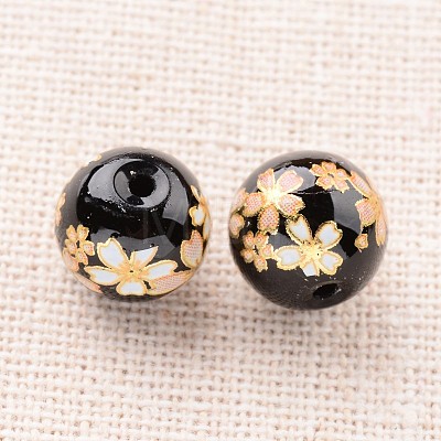 Flower Picture Printed Glass Round Beads GLAA-J089-10mm-A04-1