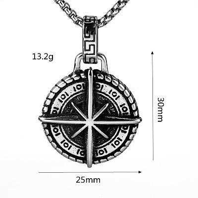Vintage 304 Stainless Steel Viking Star Compass Pendant Box Chain Necklaces for Men WG56084-01-1