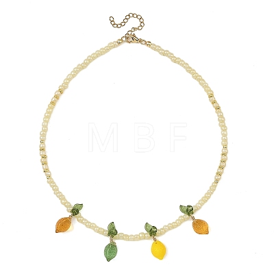 Glass Lemon with Acrylic Leaf Pendant Glass Seed Beaded Necklaces NJEW-JN06426-1