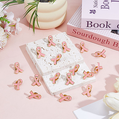 40Pcs Breast Cancer Awareness Pink Ribbon Enamel Pin JEWB-ME0001-22-1