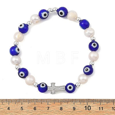 Evil Eye Lampwork and Natural Cultured Freshwater Pearl Beaded Stretch Bracelets BJEW-JB14283-02-1