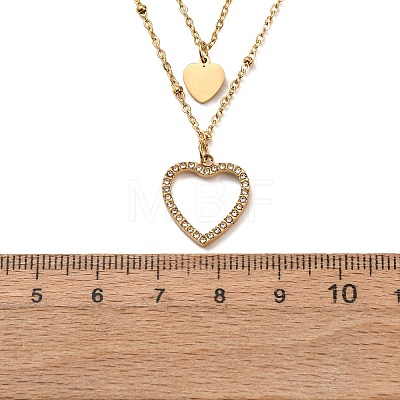 304 Stainless Steel Crystal Rhinestone Heart Pendant Double Layer Necklaces for Women NJEW-P357-03G-1